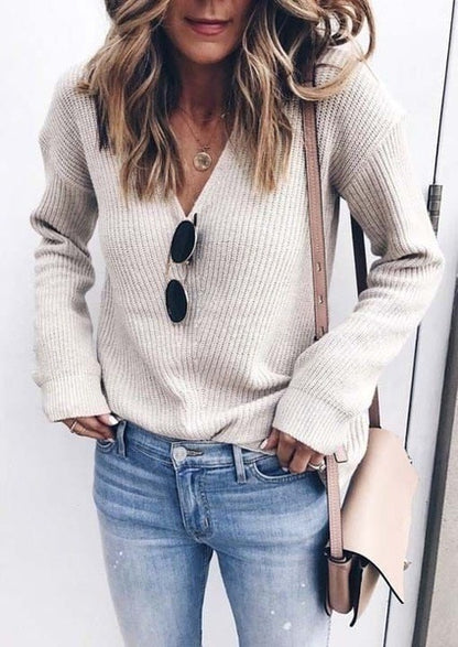 Haut en tricot de couleur unie avec pull à col en V pour femme