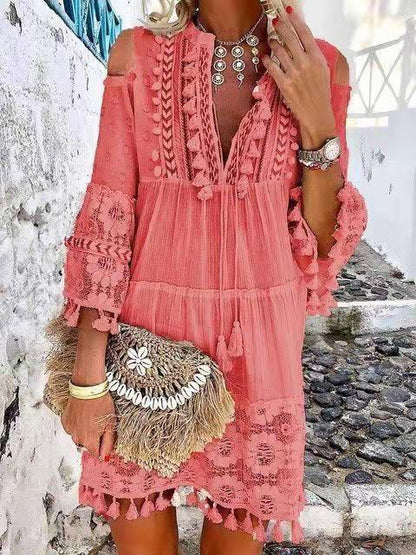 Spliced Lace Off Shoulder Strap Long Sleeved Casual Solid Color Lace Dress