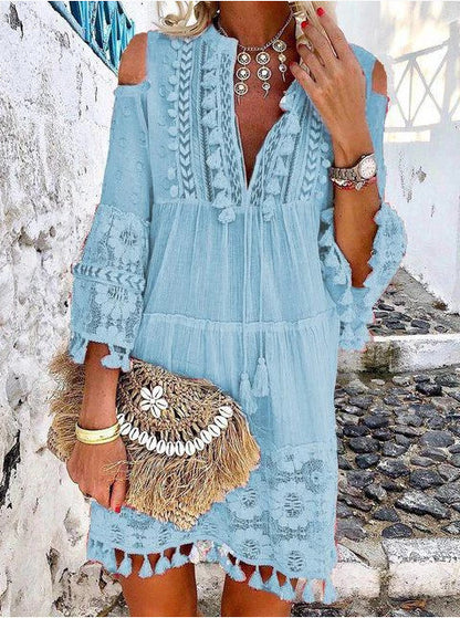 Spliced Lace Off Shoulder Strap Long Sleeved Casual Solid Color Lace Dress