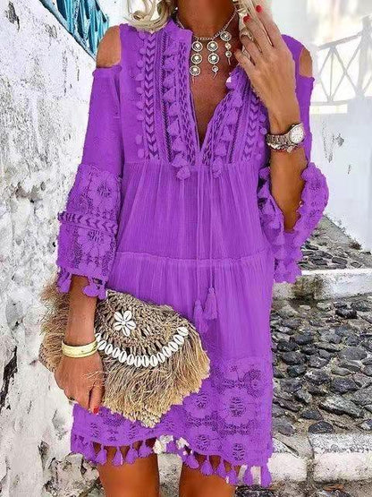 Spliced Lace Off Shoulder Strap Long Sleeved Casual Solid Color Lace Dress