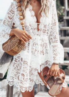 Sexy Resort Style Lace Long Sleeve V-Neck Dress