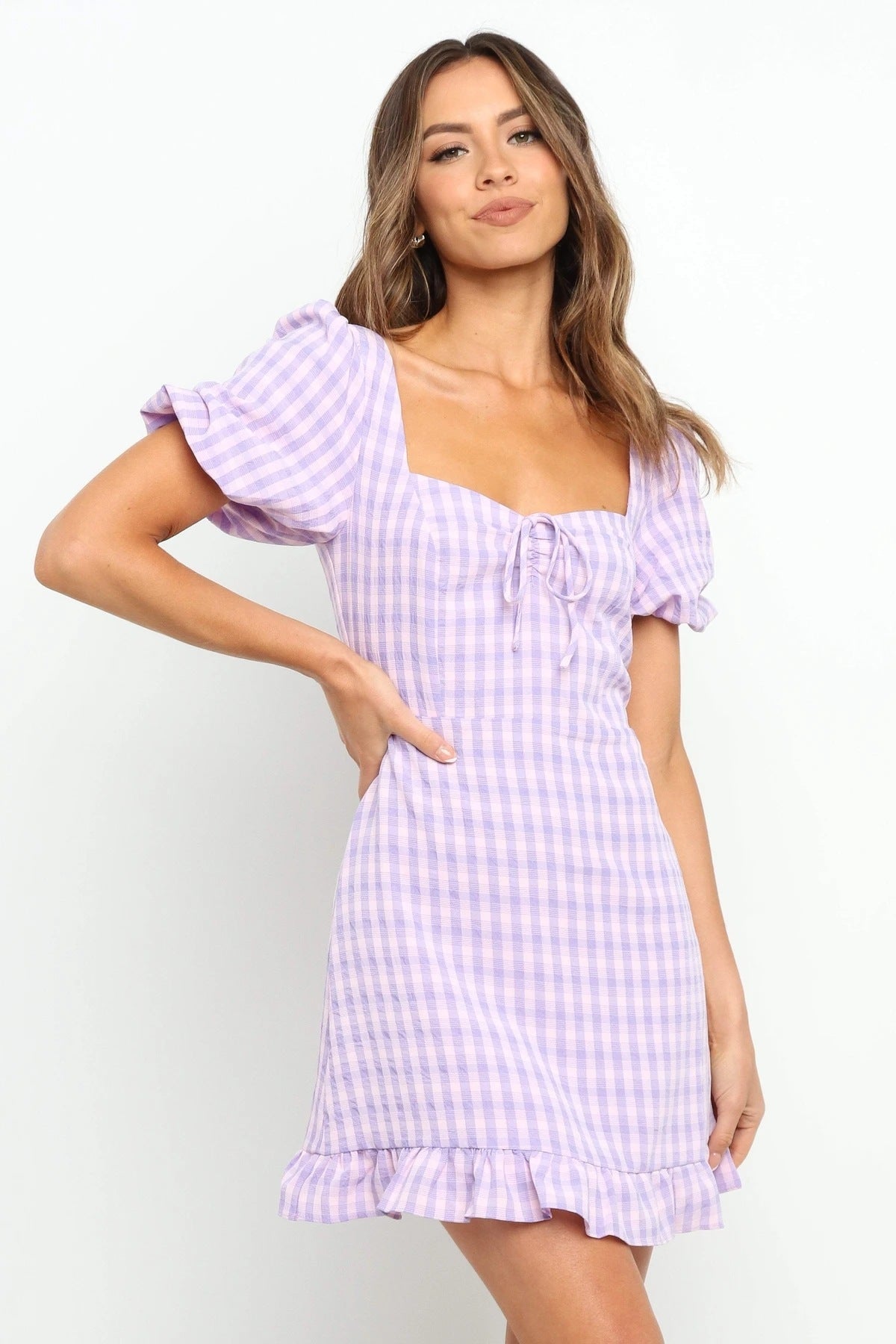 Slim Fit Plaid Skirt Sexy Dress With Short Sleeves