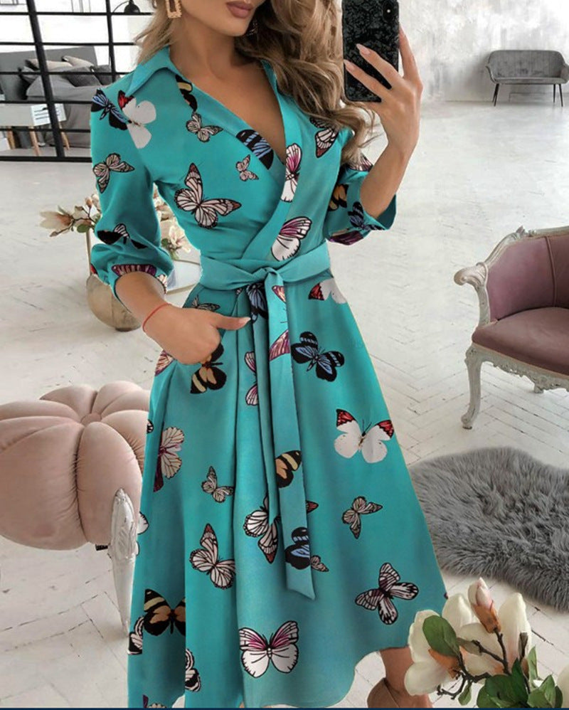 Sexy Fashion Long-sleeved Deep V-neck Print Bag Hip  Irregular Party Dress Women