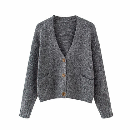 Autumn And Winter Buttoned V-neck Sweater Coat