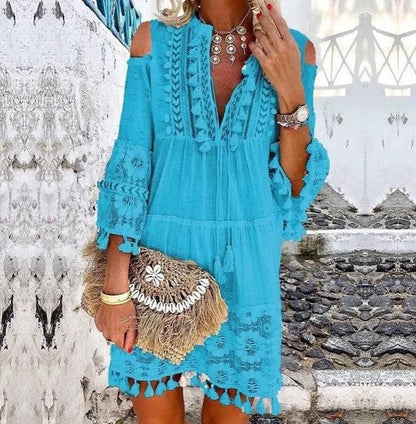 Spliced Lace Off Shoulder Strap Long Sleeved Casual Solid Color Lace Dress