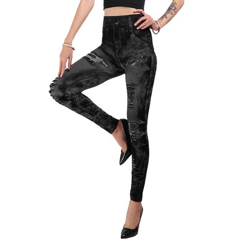 Nahtlose Leggings aus Denim mit gefälschtem, zerrissenem Korsett und Imitation für Damen