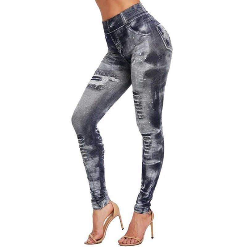 Nahtlose Leggings aus Denim mit gefälschtem, zerrissenem Korsett und Imitation für Damen