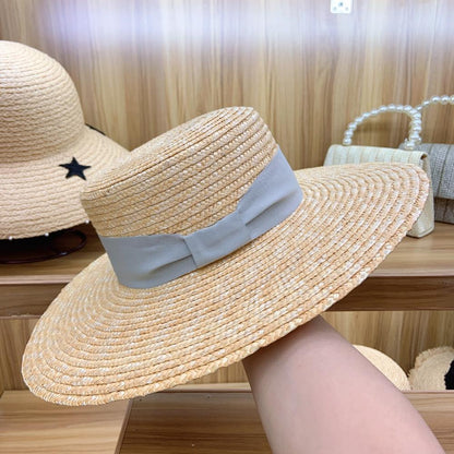 Axin Hat Ornaments Gray Tie Knot Flat Top Thin Straw Wide Brim Top Hat Flat Top Hat Straw Hat