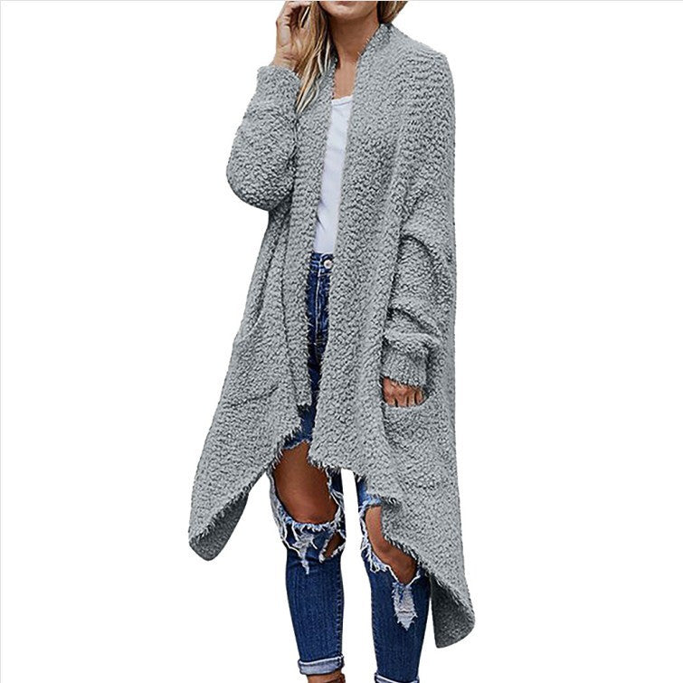 Nouveau cardigan mi-long épais en peluche pour femme, couleur unie, manches longues, manteau ample