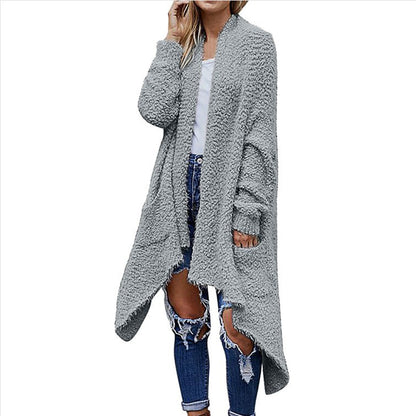 New Mid Length Cardigan Thick Plush Women's Solid Color Long Sleeved Loose Coat