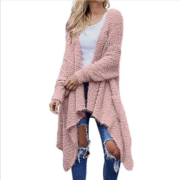 Nouveau cardigan mi-long épais en peluche pour femme, couleur unie, manches longues, manteau ample