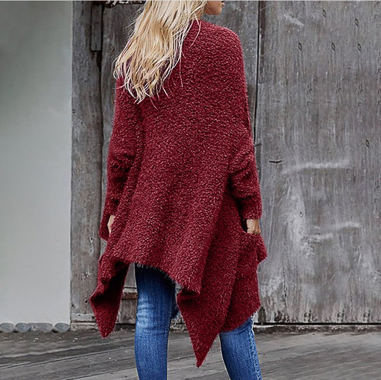 Nouveau cardigan mi-long épais en peluche pour femme, couleur unie, manches longues, manteau ample