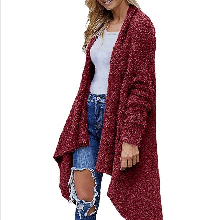 Nouveau cardigan mi-long épais en peluche pour femme, couleur unie, manches longues, manteau ample