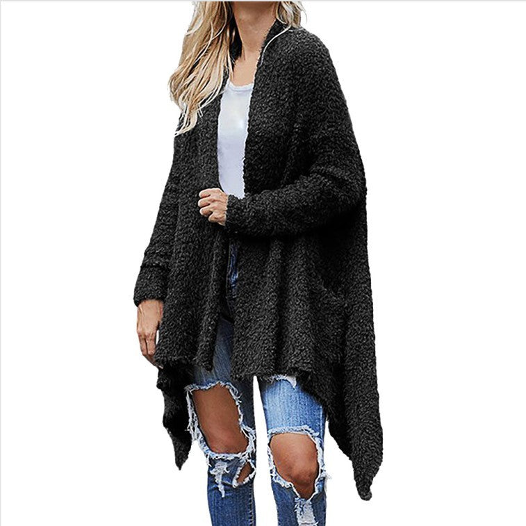 New Mid Length Cardigan Thick Plush Women's Solid Color Long Sleeved Loose Coat