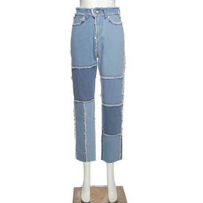 Summer Women'S New High-Waisted Color Matching Slim Street Fashion All-Match Slim Jeans