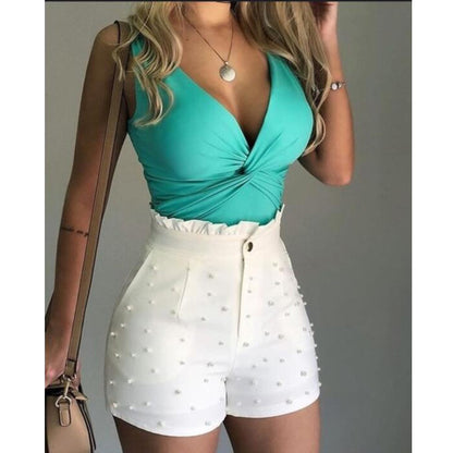 Short pour femme de style explosif, short sexy de couleur unie avec perles de pistolet pour femme