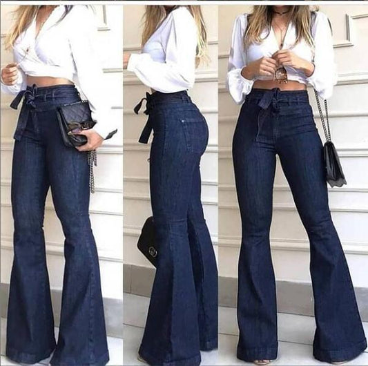 High-Waist-Jeans mit Mikro-Elasthan und Schnürung, Schlaghose, weites Bein