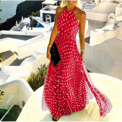 Mode Sexy Neckholder Print Plissee Langes Kleid Frauen Süße O Neck Strand Maxi Kleid Sommer Ärmelloses Elegantes Boho Party Kleid XXL