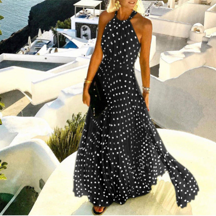 Mode Sexy Neckholder Print Plissee Langes Kleid Frauen Süße O Neck Strand Maxi Kleid Sommer Ärmelloses Elegantes Boho Party Kleid XXL