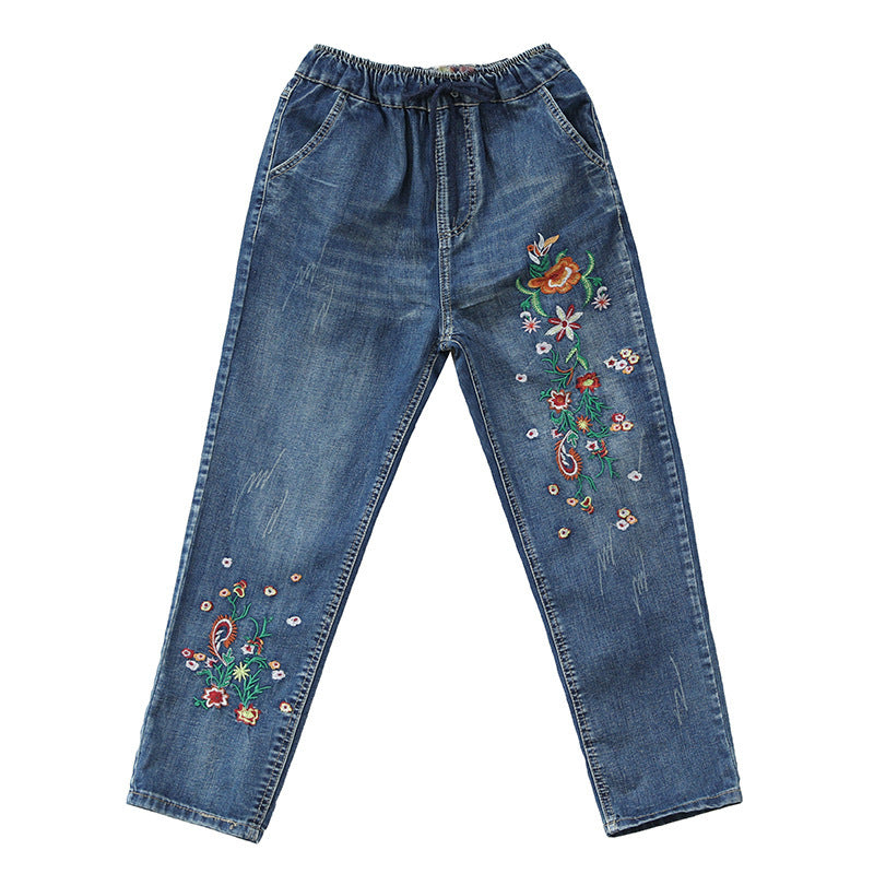 Embroidered Elastic Waist Wide Loose Jeans