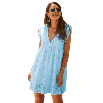 Fashion Women'S Summer V-Neck Cotton Short Skirt Solid Color Dress