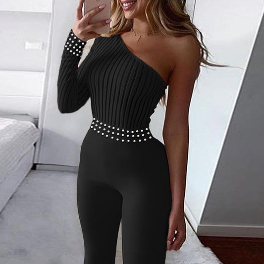 Langärmliger Jumpsuit mit schulterfreiem Schnitt und Perlendesign für Damen