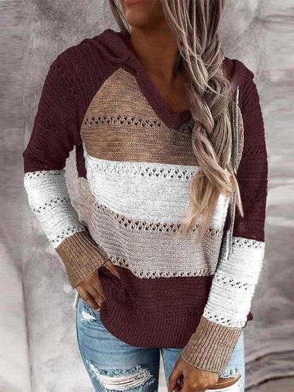 Herbst und Winter Neue Independent Station Wish Amazon Europa und Amerika Farblich abgestimmter Langarm-Kapuzenpullover mit V-Ausschnitt Pullover Damen