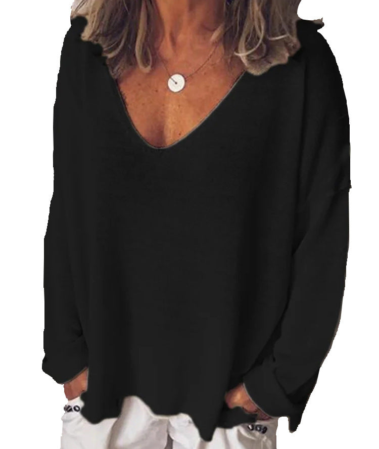 V Neck Long Sleeved T Shirt Solid Color Blouse