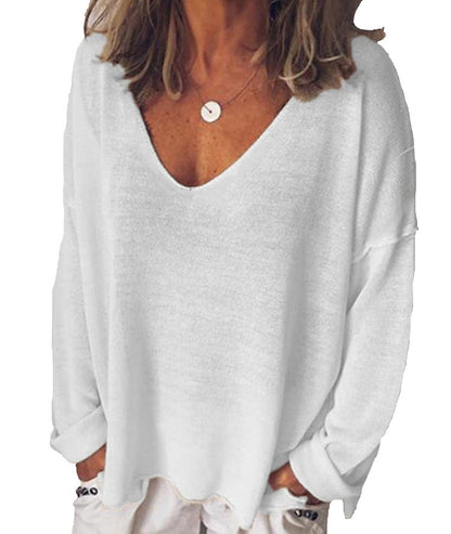 V Neck Long Sleeved T Shirt Solid Color Blouse