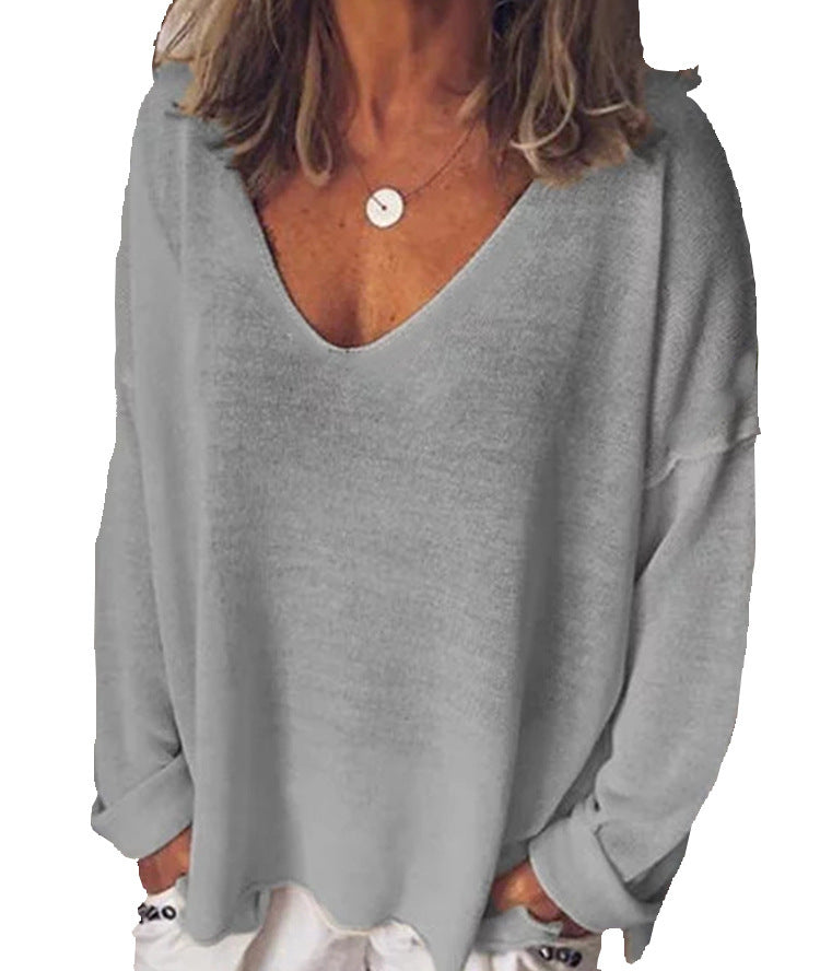 V Neck Long Sleeved T Shirt Solid Color Blouse