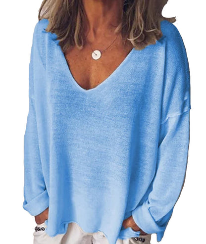 V Neck Long Sleeved T Shirt Solid Color Blouse