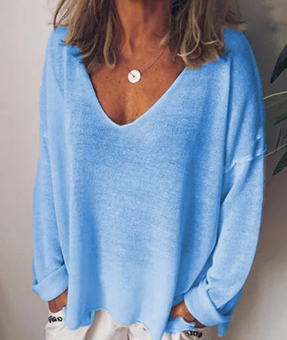 V Neck Long Sleeved T Shirt Solid Color Blouse