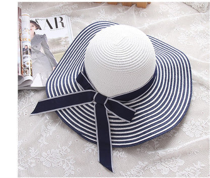 Hot Sale Fashion Hepburn Hat Wind Black White Striped Bowknot Summer Sun Hat Beautiful Women Straw Beach Hat Wide-Brim Cap