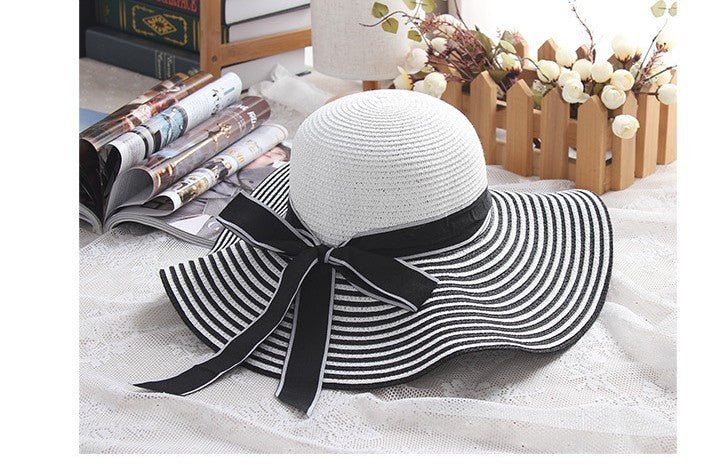 Hot Sale Fashion Hepburn Hat Wind Black White Striped Bowknot Summer Sun Hat Beautiful Women Straw Beach Hat Wide-Brim Cap