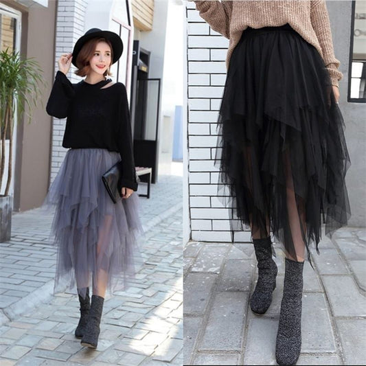 Irregular Mesh Hem Splicing Fluffy Skirt High-Waisted Gauze Skirt