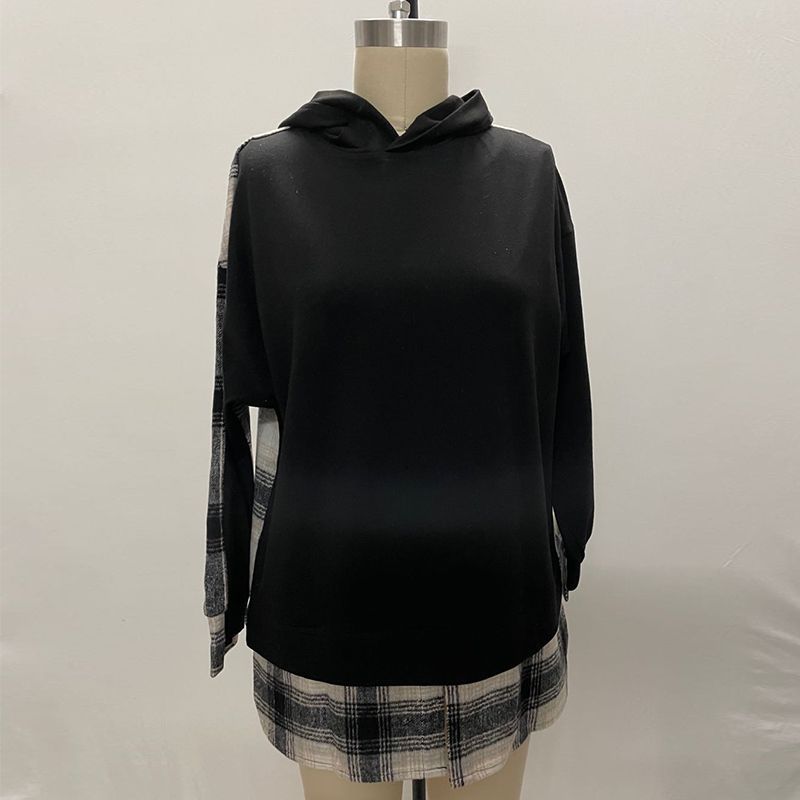 Plaid Stitching Long-sleeved Round Neck Hooded Sweatshirt