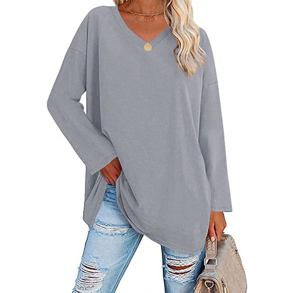 Solid Color Loose Drop Shoulder Sleeve V Neck Long Sleeve Blouse