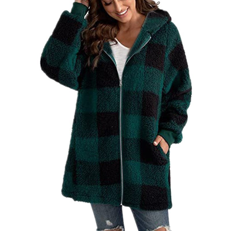 European Velvet Women's Long-sleeved Plaid Hooded Zipper With Pockets Baggy Coat