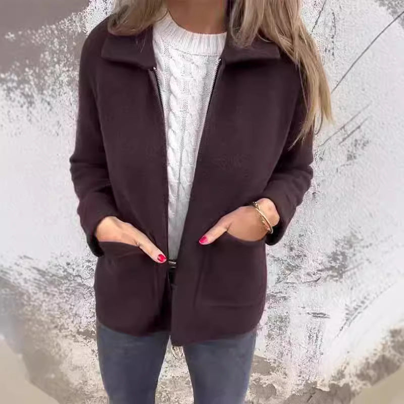 Veste à revers avec fermeture éclair et poches, manteau tendance de couleur unie pour l'automne et l'hiver, vêtements pour femmes