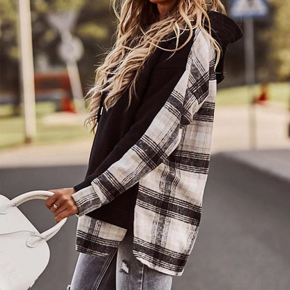 Plaid Stitching Long-sleeved Round Neck Hooded Sweatshirt