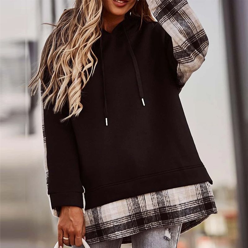 Plaid Stitching Long-sleeved Round Neck Hooded Sweatshirt