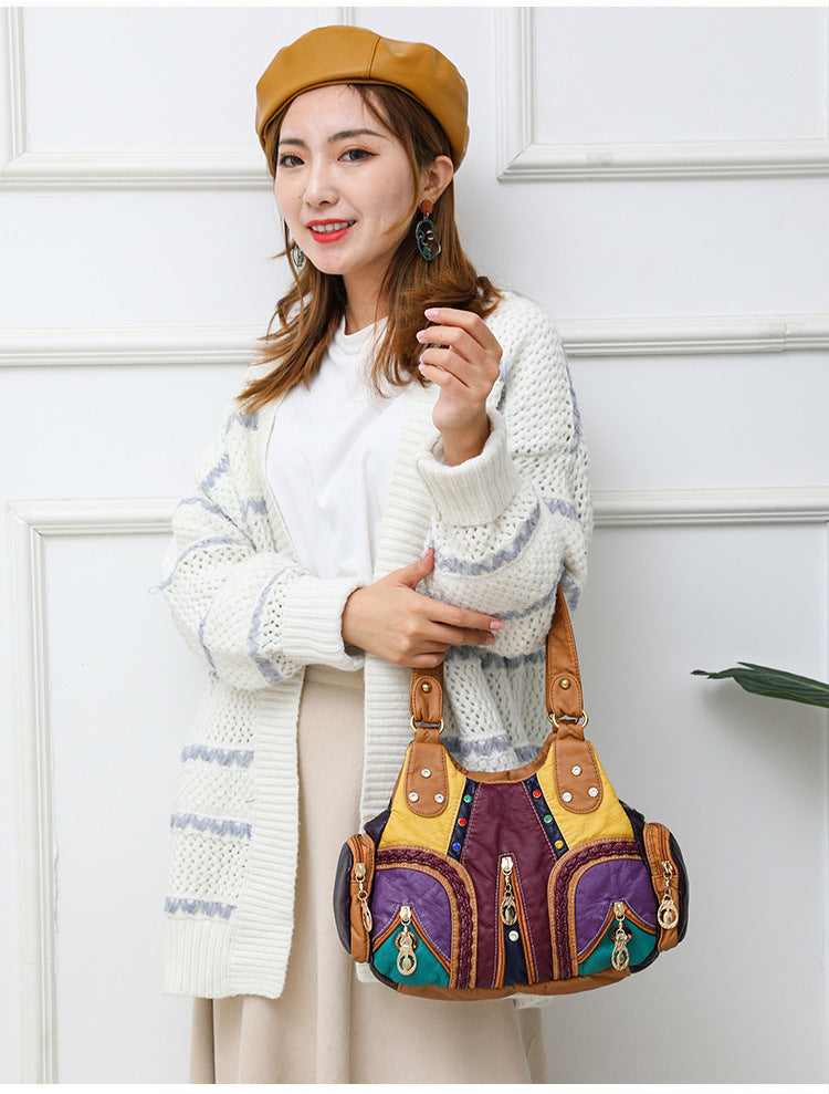 Colored Mosaic Large Capacity Multi-layer Washed Leather Handbag