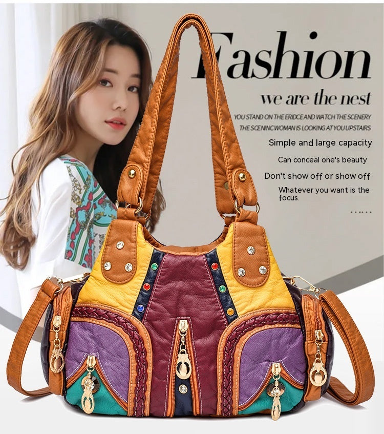 Colored Mosaic Large Capacity Multi-layer Washed Leather Handbag