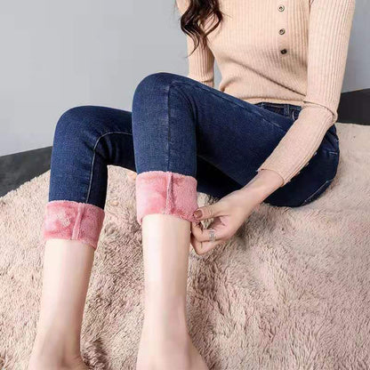 Femmes Jeans Thermiques Hiver Neige Chaud En Peluche Stretch Jeans Dame Skinny Épaissir Polaire Denim Pantalon Long Rétro Bleu Crayon Pantalon