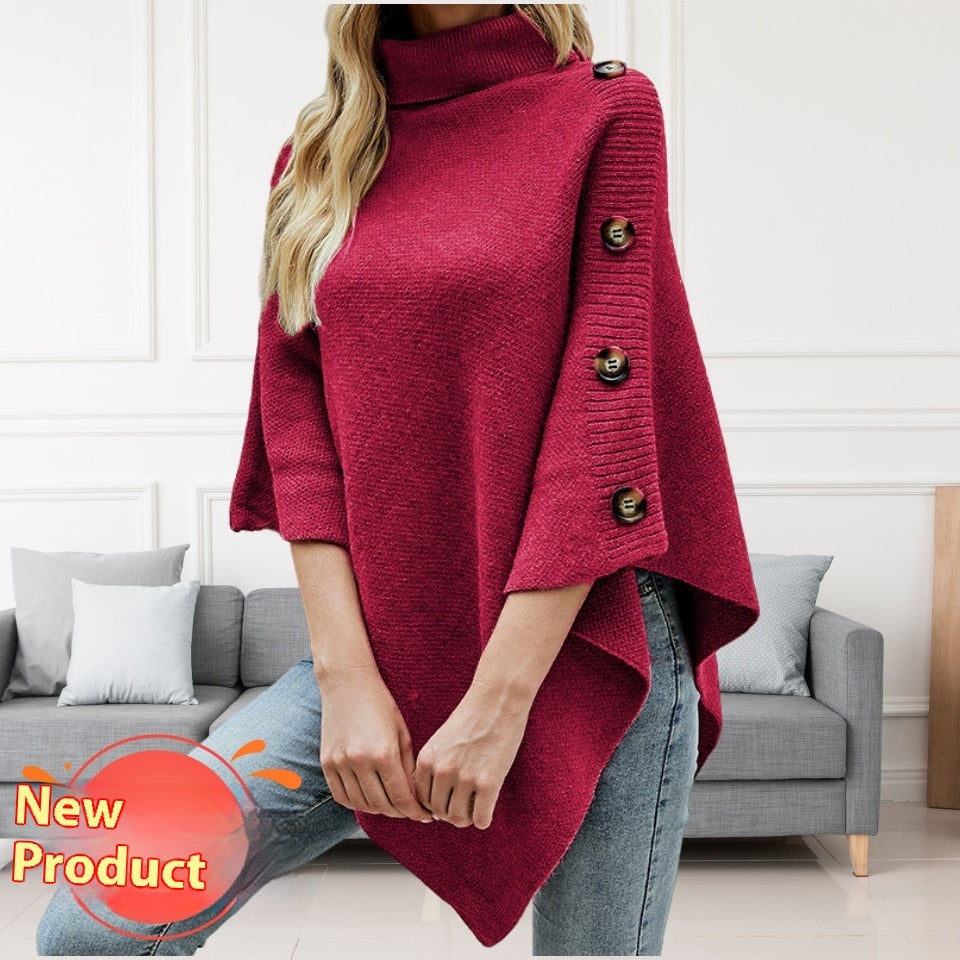 Autumn And Winter New Solid Color Turtleneck Shawl Cape Slit Knit Sweater