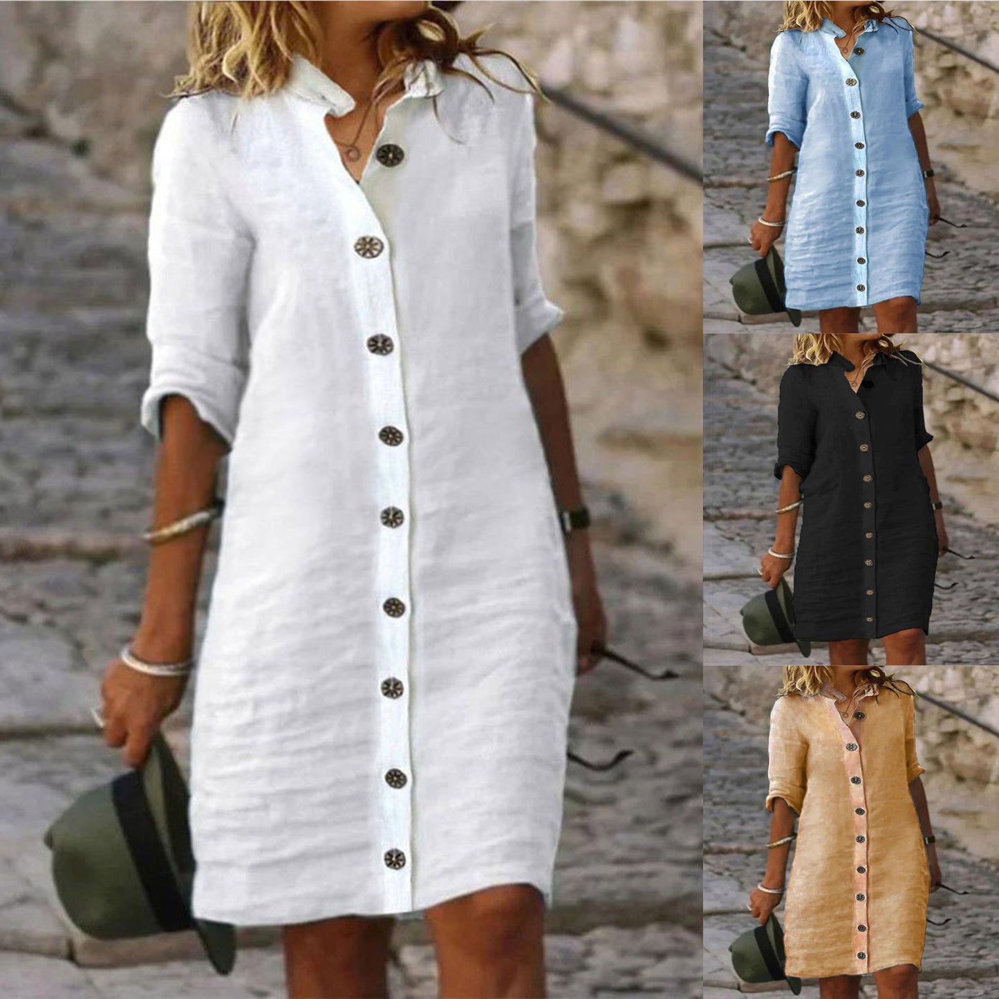 Shirt Collar Half Sleeve Large Round Buckle Cotton And Linen Dress