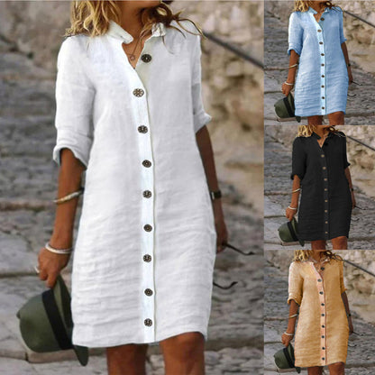 Shirt Collar Half Sleeve Large Round Buckle Cotton And Linen Dress