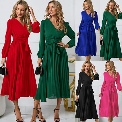 Women's Stylish Temperament Long Sleeves Slim-fit Pleated Belt V-neck Dress