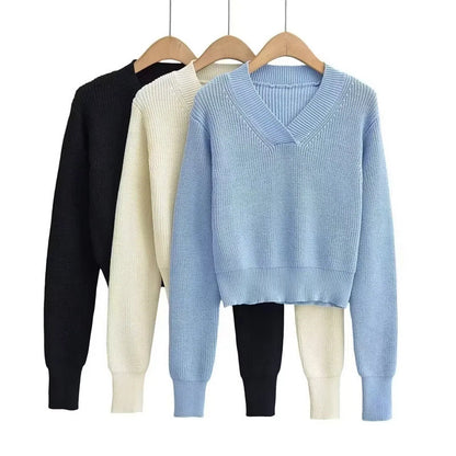 V-neck Thick Needle Pullover Cropped Sweater Autumn And Winter Women