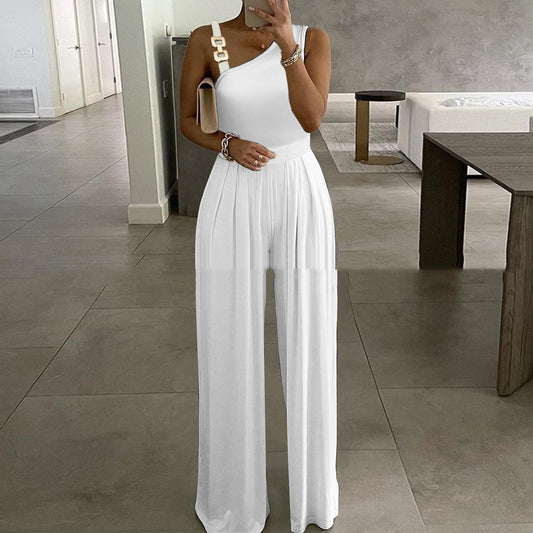 Women's Metal Buckle Vest Top High Waist Wide Leg Jumpsuit